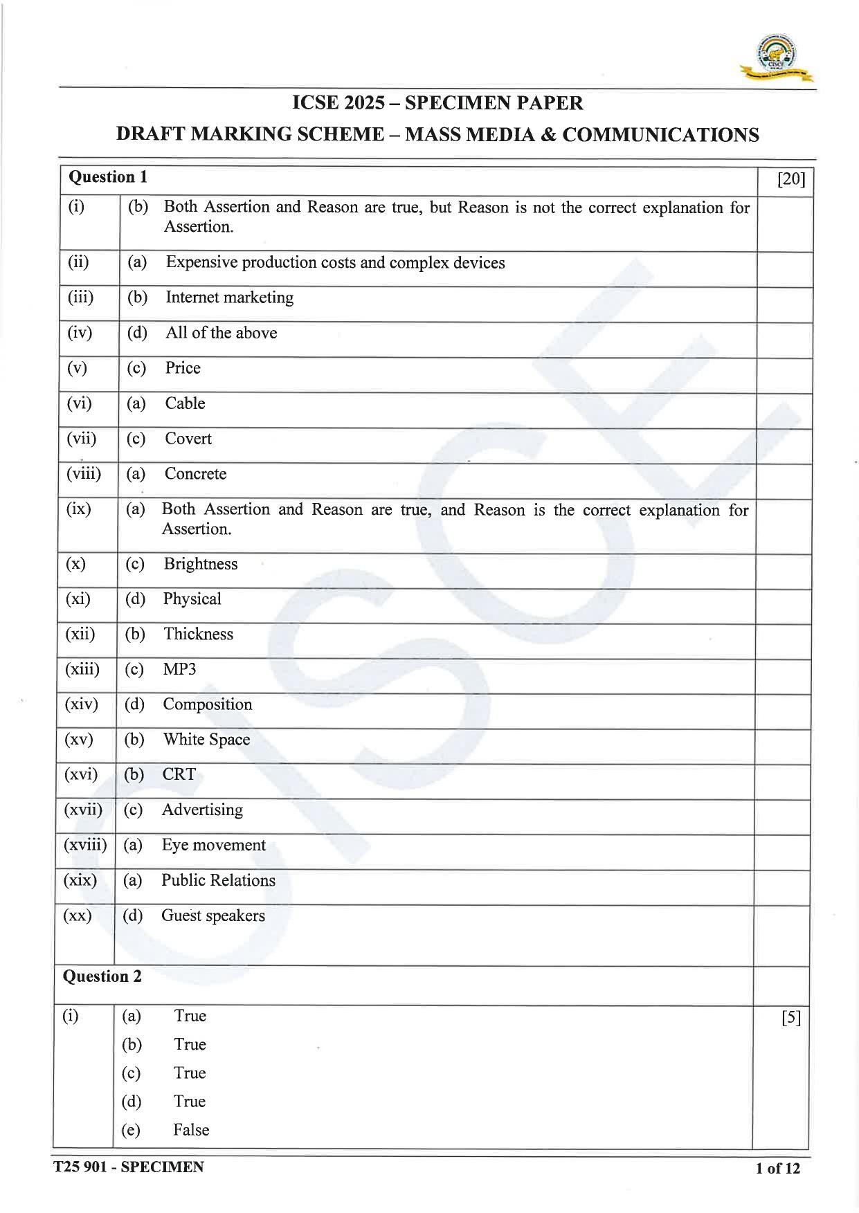 ICSE Class 10 2025 Mass Media & Communication (QP & MS) Specimen Paper - Page 11