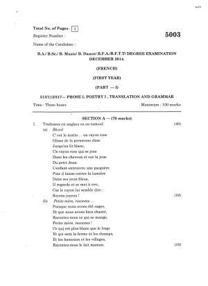 Annamalai University French – Prose-I,Poetry-I,Translation And Grammar B.C.A. (OUS) December 2014 Question Papers