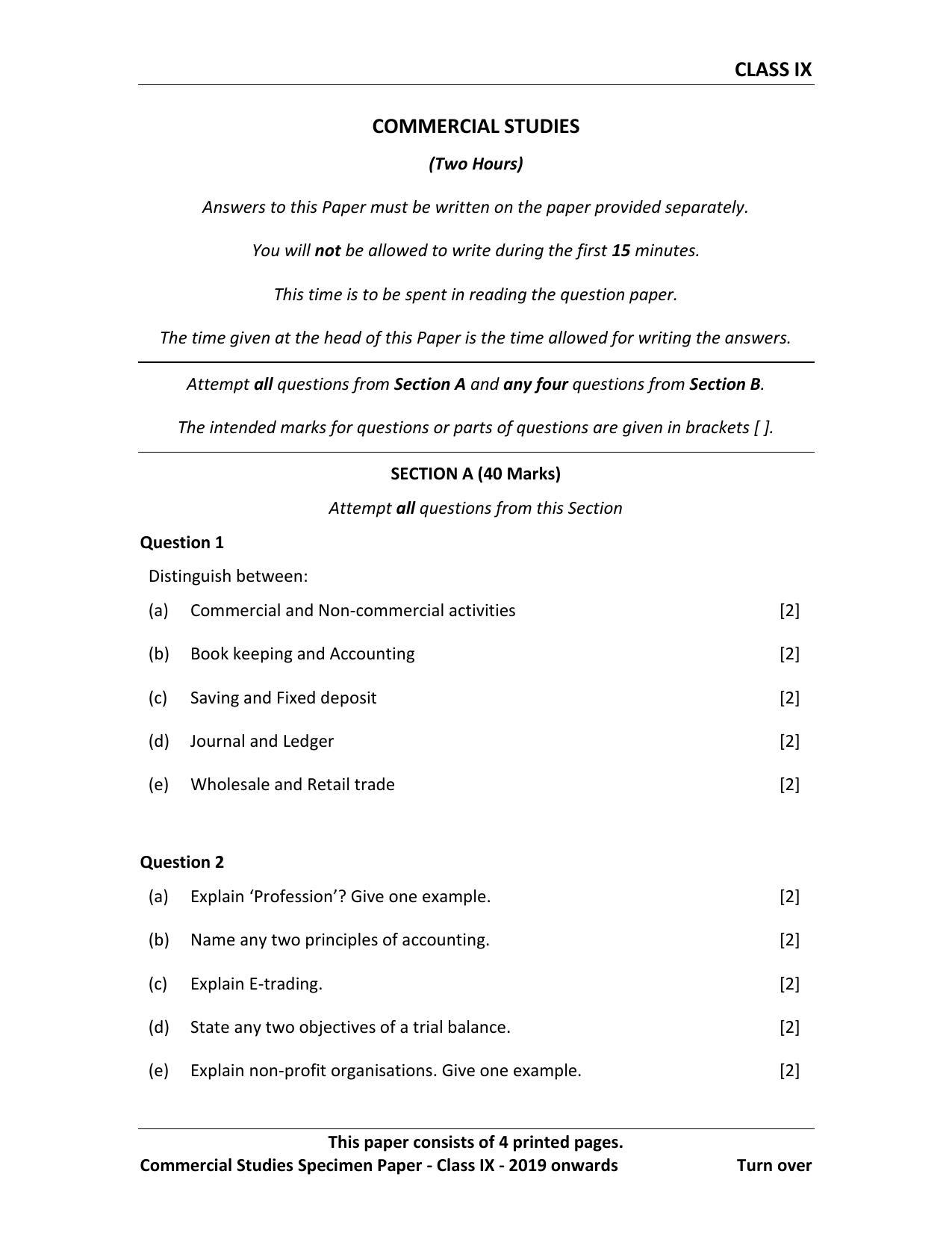 ICSE Class 9 Commercial Studies Sample Paper - Page 1