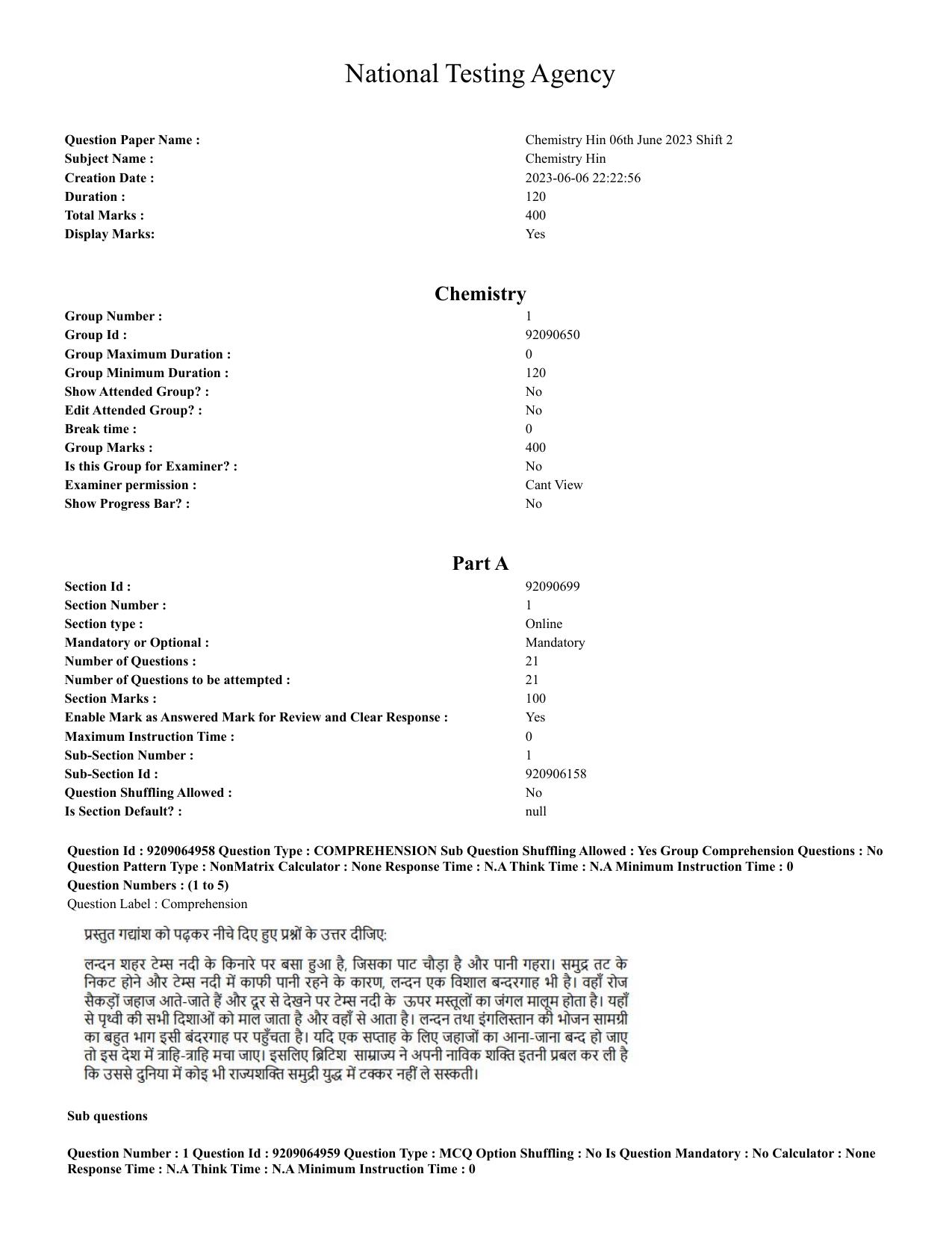 CUET PG 2023: SCQP08 – Chemistry (Hindi)-Shift-2 (06-06-2023) Question Paper - Page 1