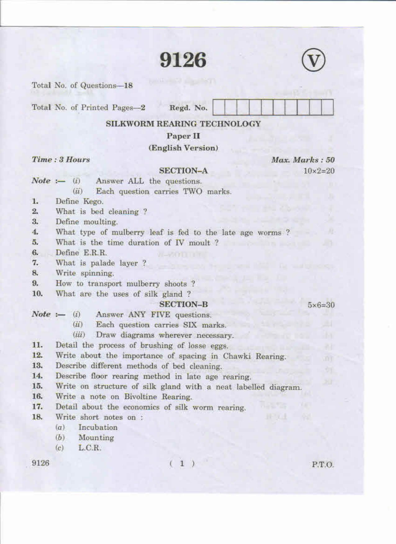 AP Inter 2nd Year Silkworm Rearing Technology-II May-2019-Vocational Question Paper - Page 1