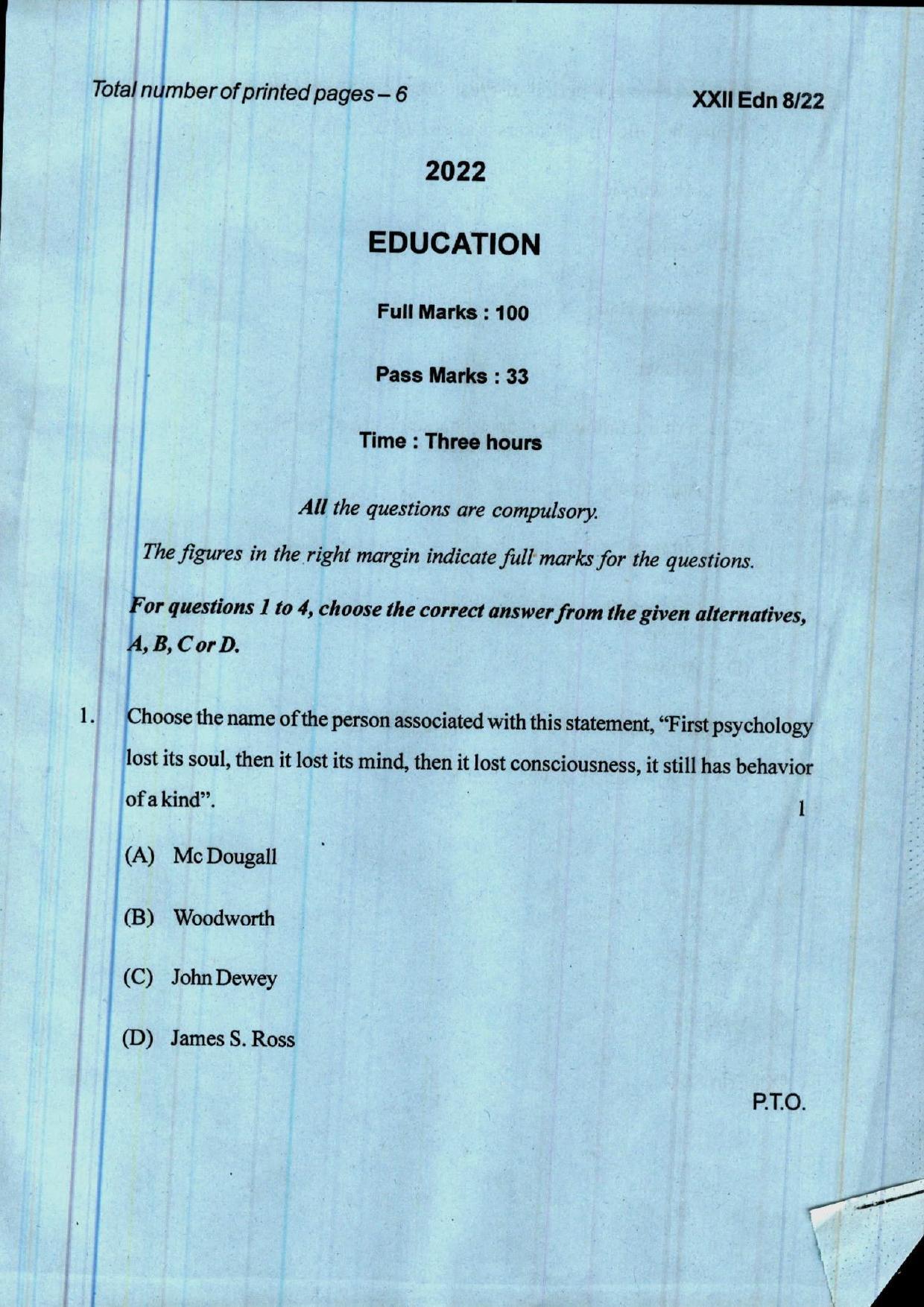 COHSEM 12th Question Papers 2022 Education - Page 1
