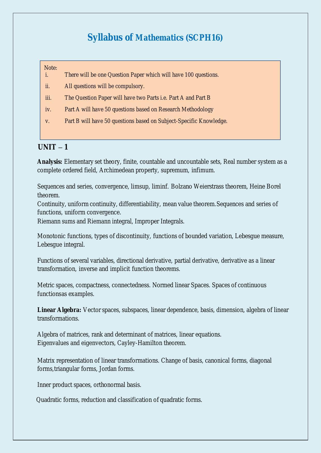 NTA PhD Entrance Exam Mathematics Syllabus - Page 1