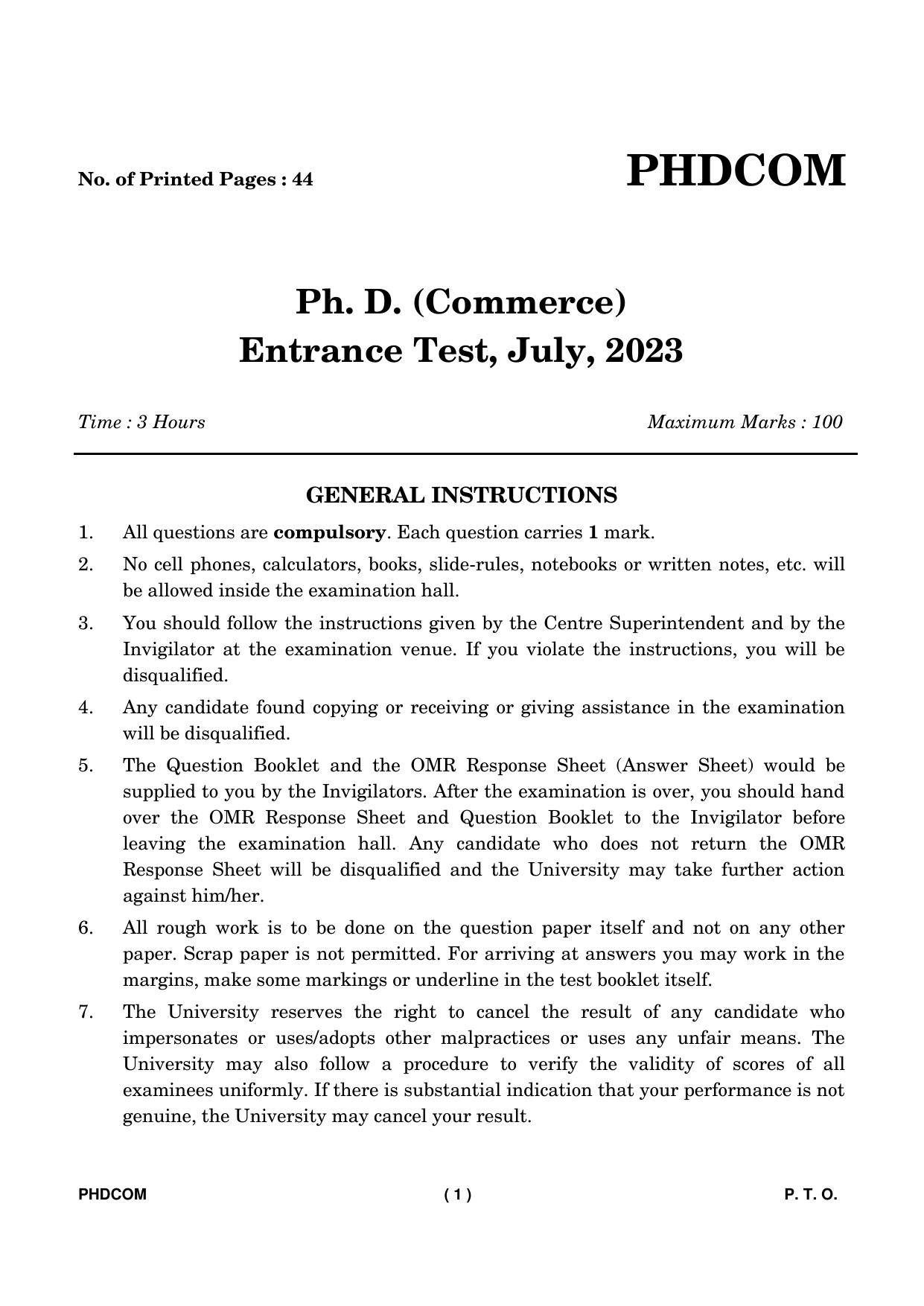 IGNOU PhD Entrance Test Ph. D. (Commerce) Entrance Test, July, 2023 Question Paper - Page 2