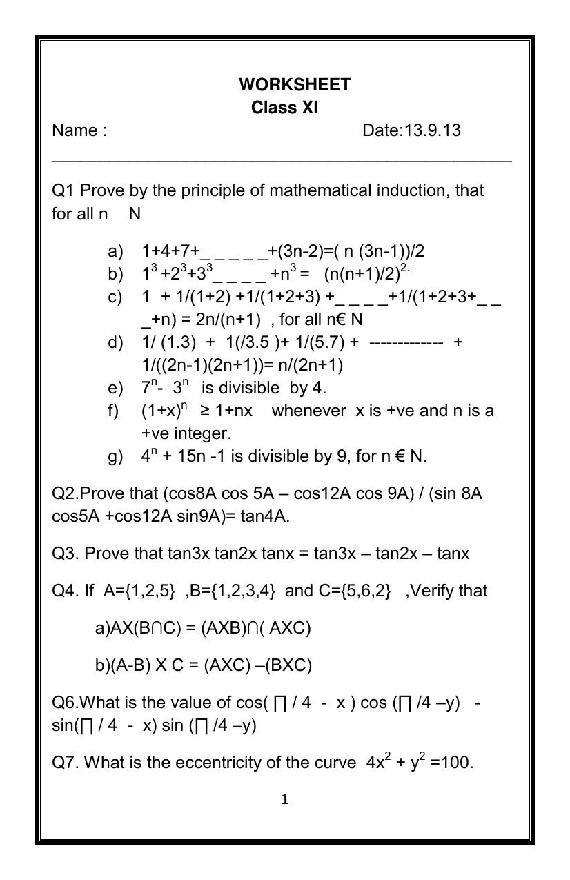 CBSE Worksheets for Class 9 Mathematics Assignment 1 - Page 1