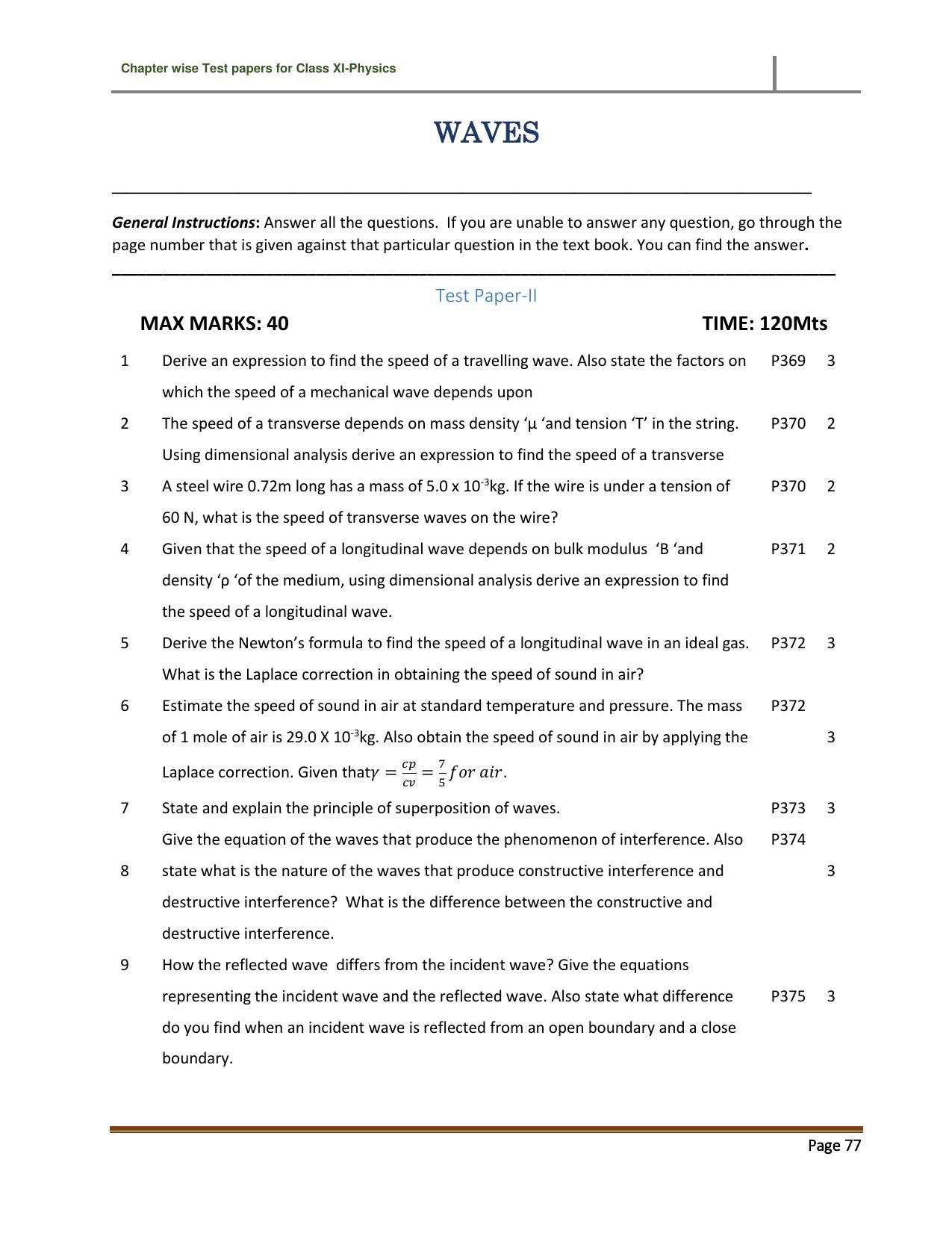 CBSE Worksheets for Class 11 Physics Waves Assignment 2 - Page 1