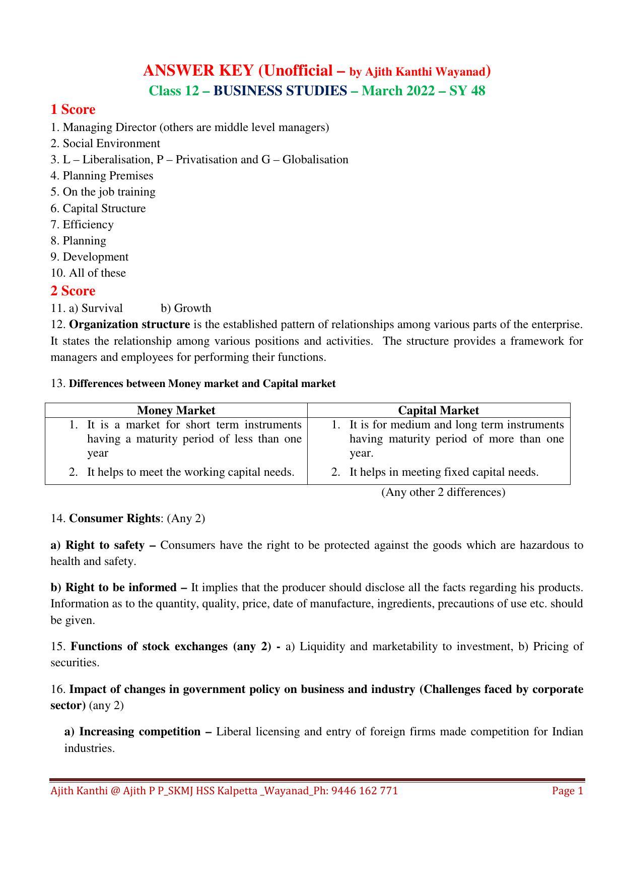 Kerala Plus Two 2022 Business Studies Answer Key - Page 1