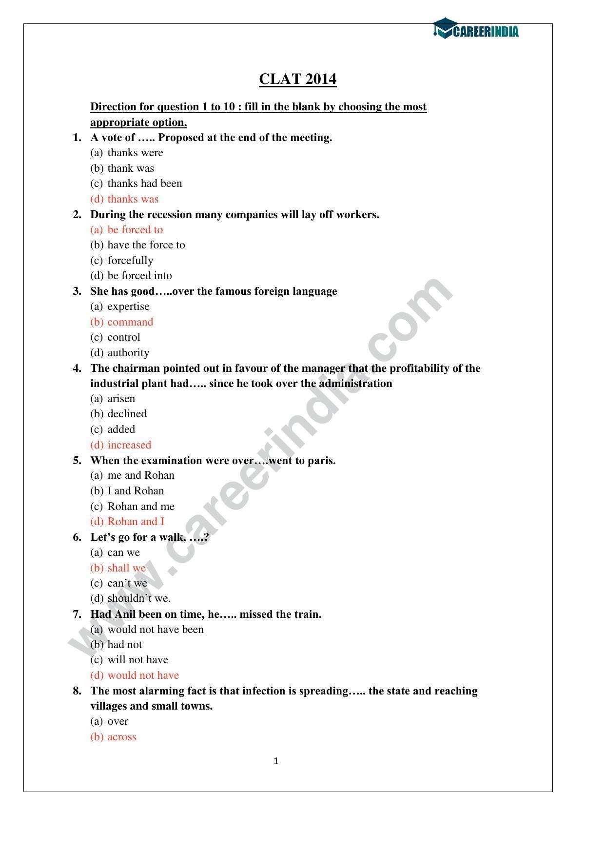 CLAT 2014 UG Question Paper with Answer Key - Page 1