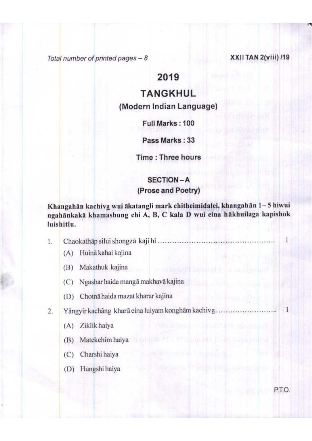 COHSEM Class 12	Tangkhul (M.I.L.) 2019 Question Papers - Page 1