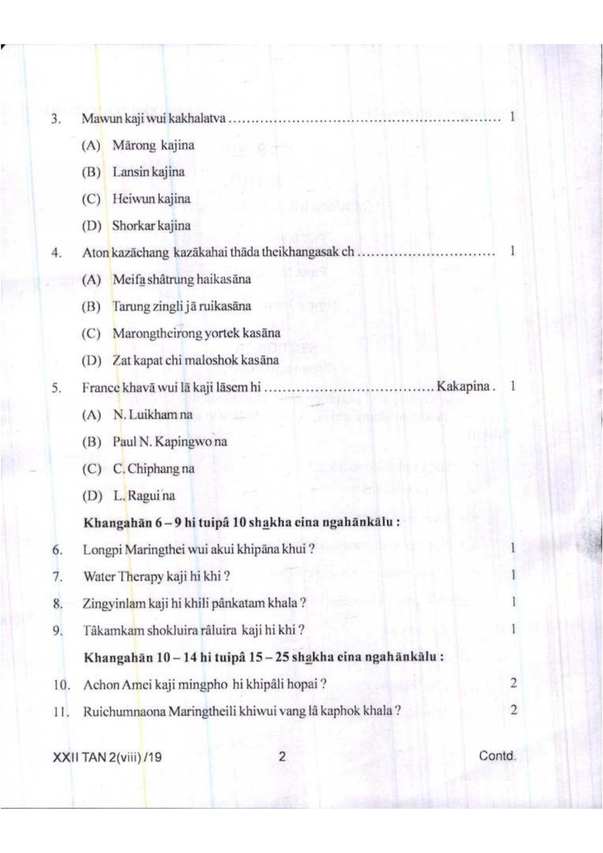 COHSEM Class 12	Tangkhul (M.I.L.) 2019 Question Papers - Page 2