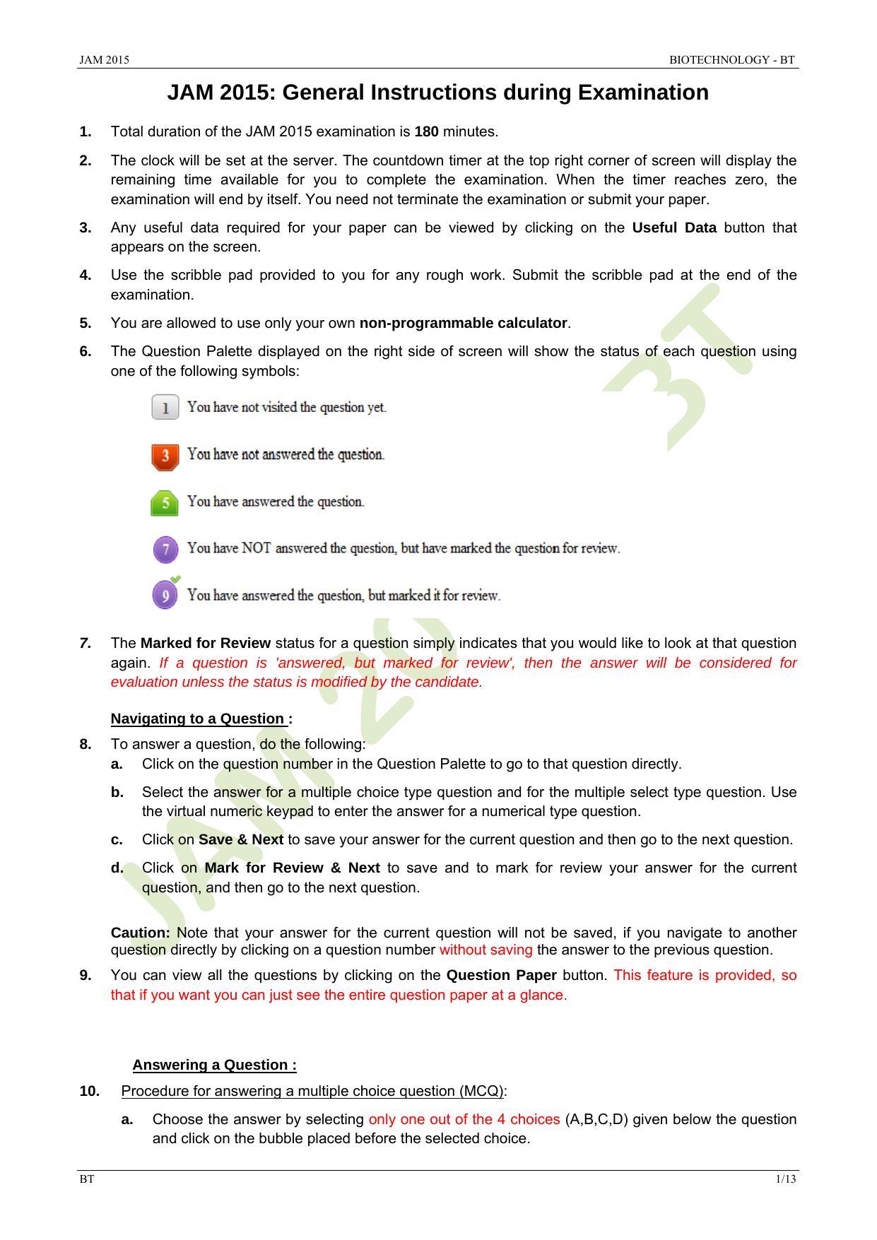 JAM 2015: BT Question Paper - Page 1