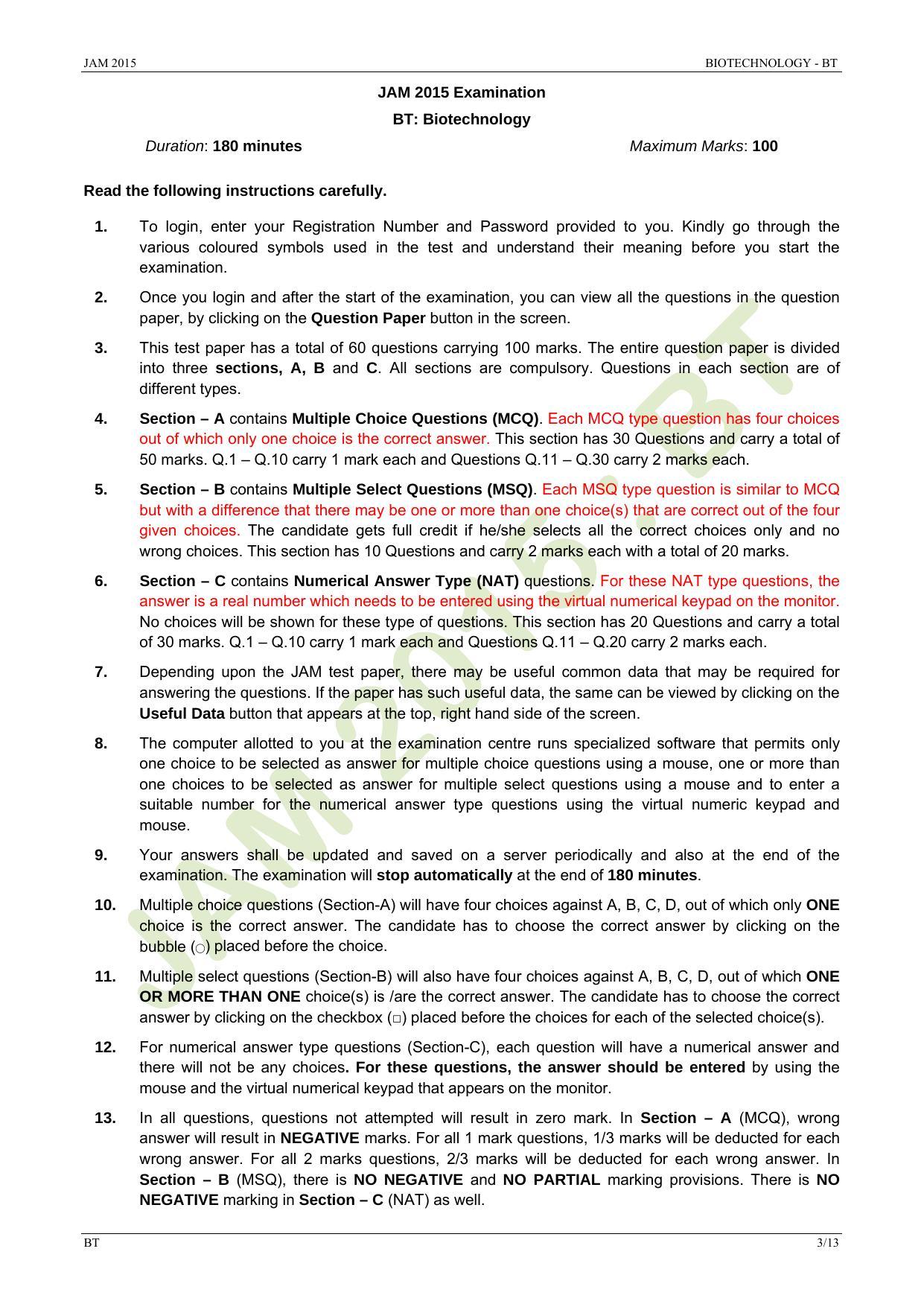 JAM 2015: BT Question Paper - Page 3