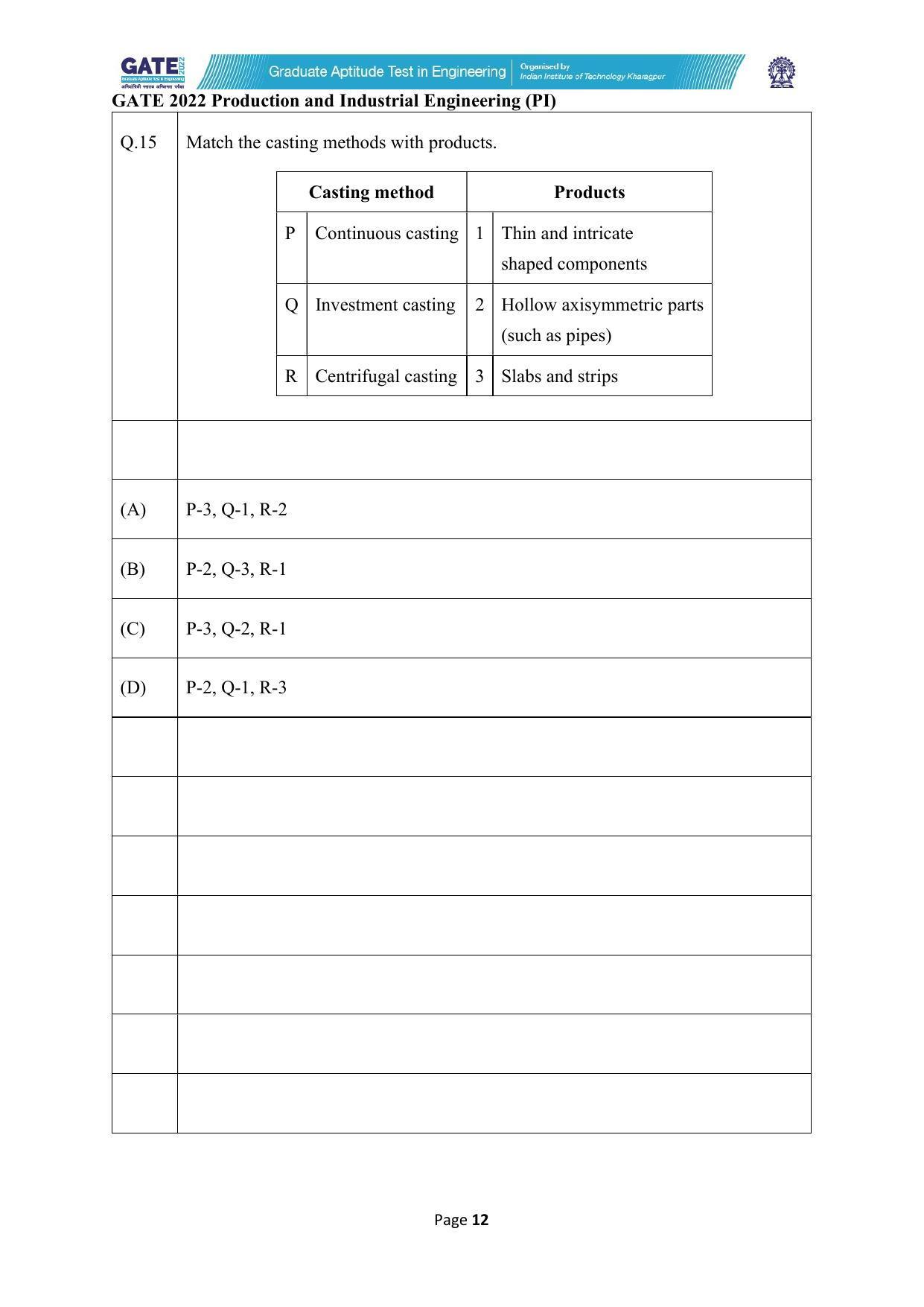GATE 2022 Production and Industrial Engineering (PI) Question Paper - Page 12