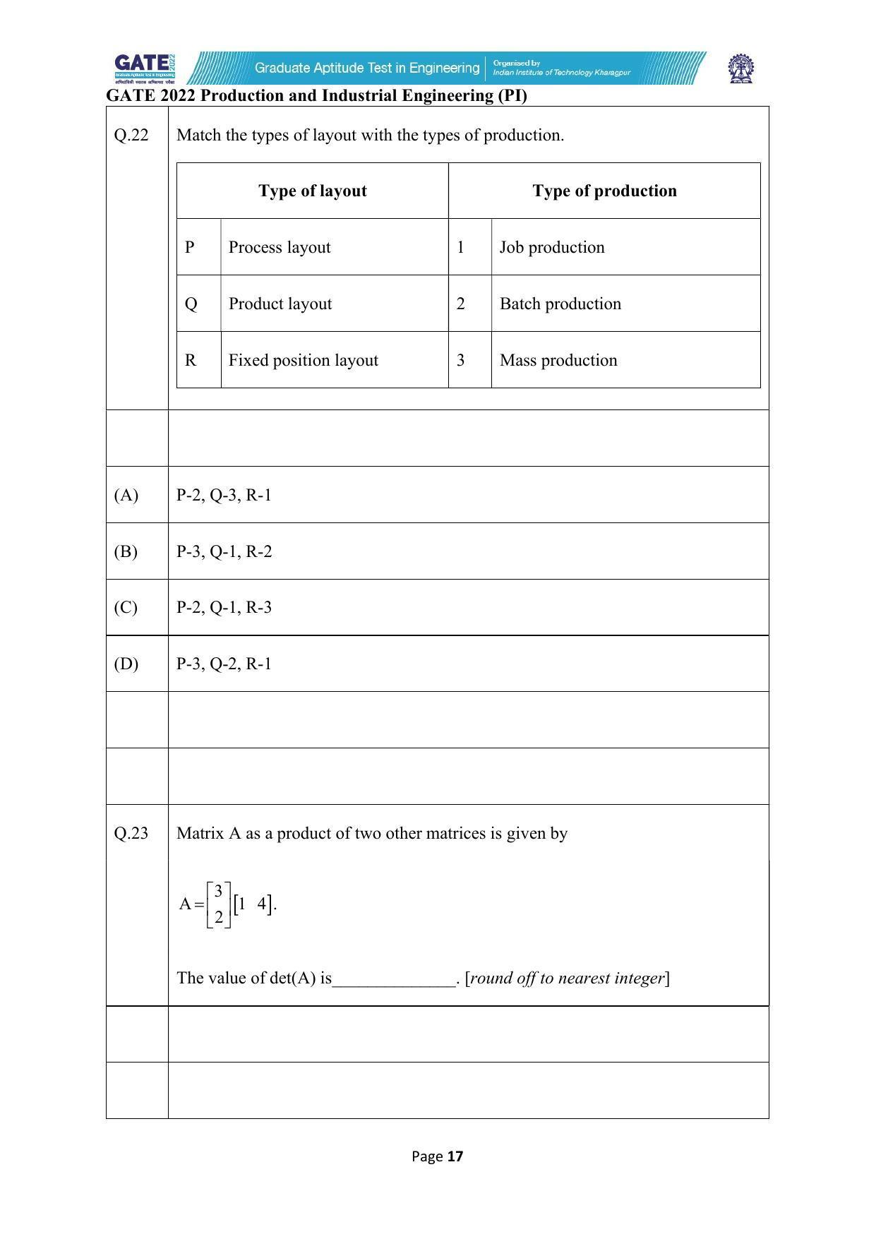 GATE 2022 Production and Industrial Engineering (PI) Question Paper - Page 17
