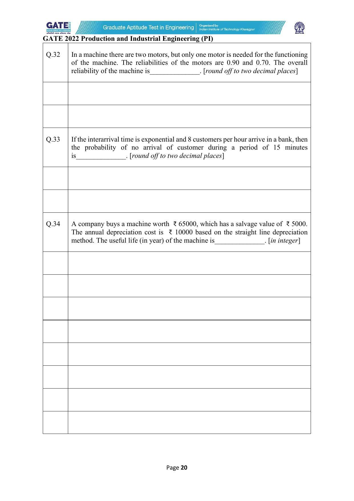GATE 2022 Production and Industrial Engineering (PI) Question Paper - Page 20