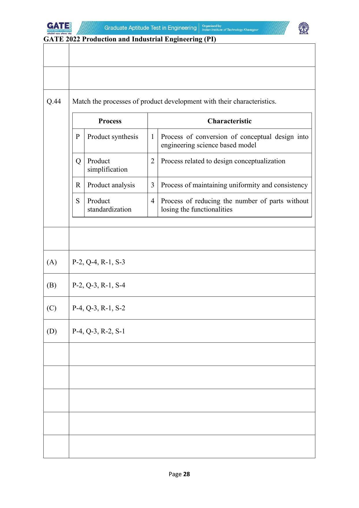 GATE 2022 Production and Industrial Engineering (PI) Question Paper - Page 28