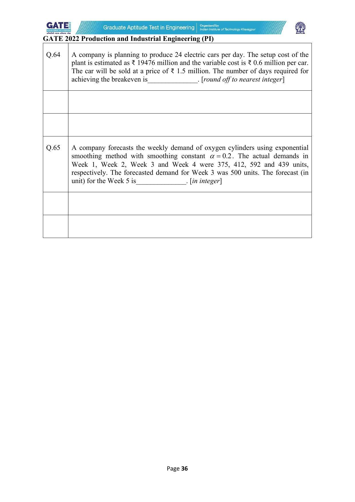 GATE 2022 Production and Industrial Engineering (PI) Question Paper - Page 36