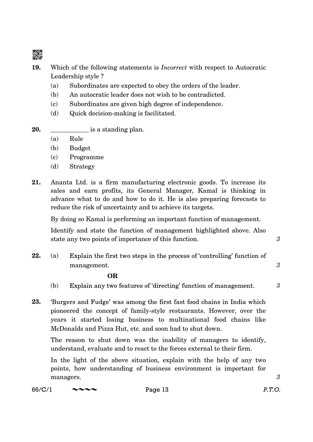 CBSE Class 12 66-1-1 Business Studies 2023 (Compartment) Question Paper - Page 13