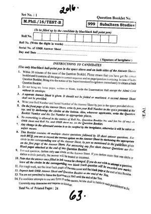 BHU RET Subaltern Studies 2016 Question Paper