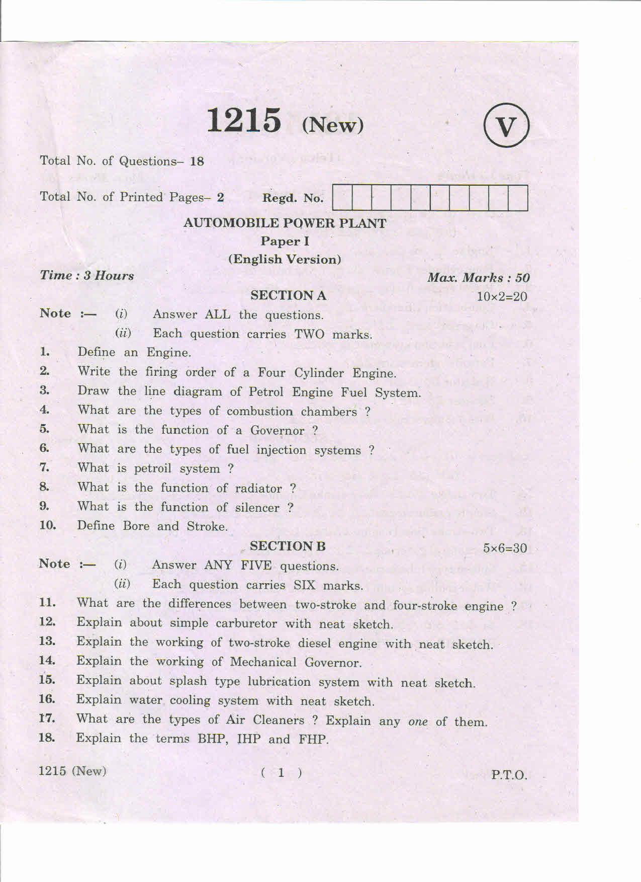 AP Inter 2nd Year Automobile Power Plant-I (New) March-2019-Vocational Question Paper - Page 1