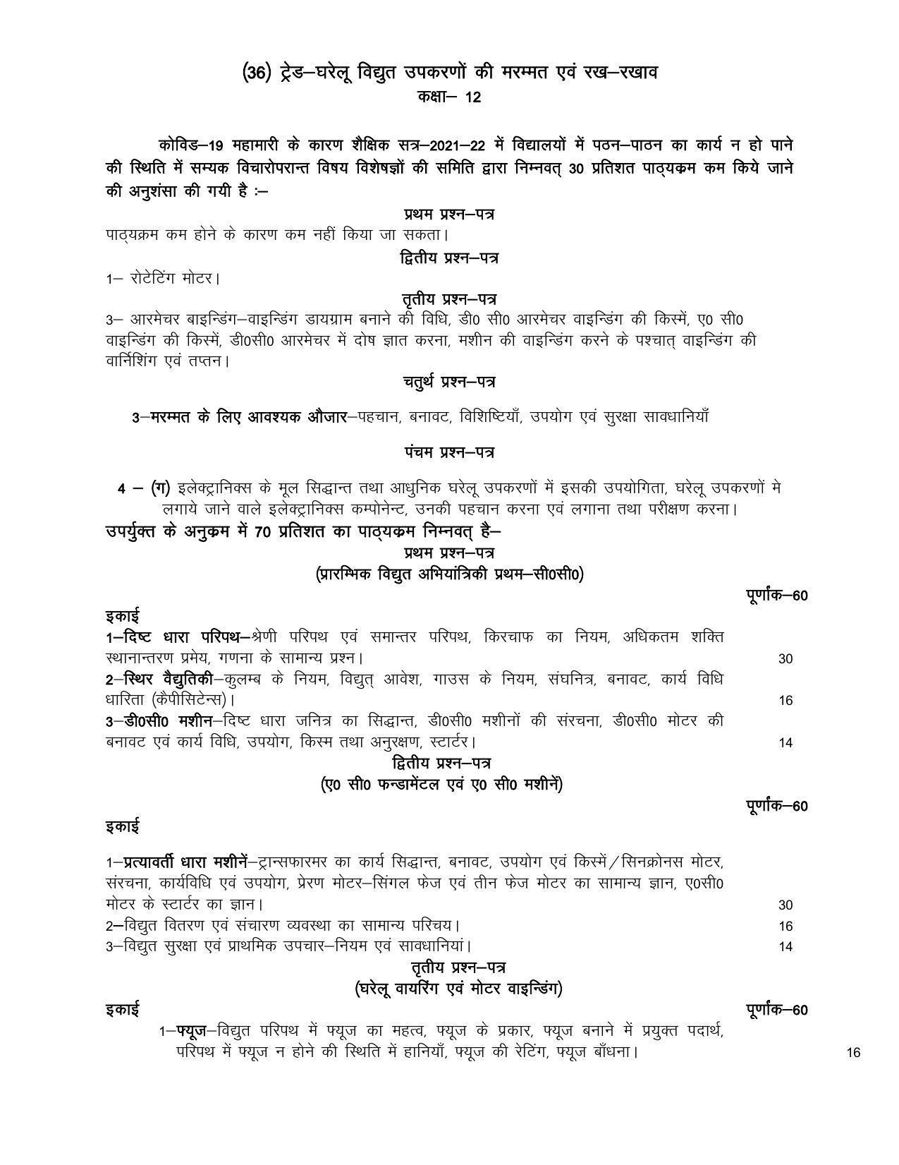 UP Board Class 12- Trade Subjects Syllabus Trade – 36 Domestic Electric Appliance & Repairing - Page 1