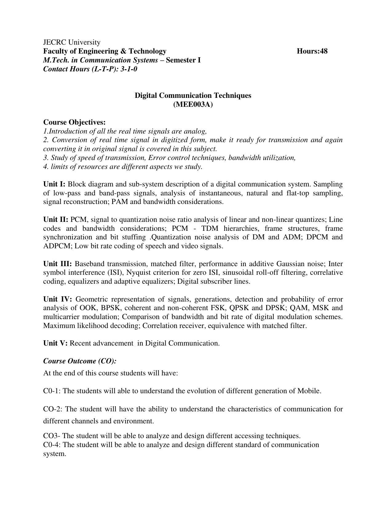 JECRC Jaipur M Tech - Communication Systems Syllabus - Page 10