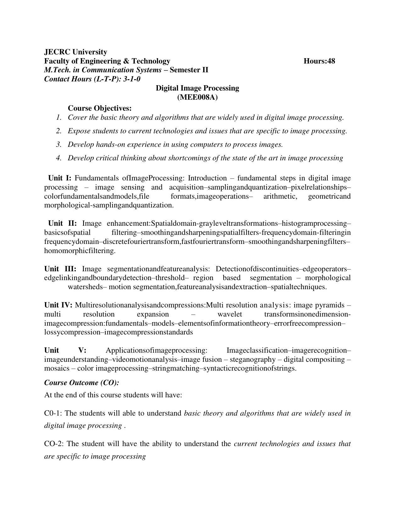 JECRC Jaipur M Tech - Communication Systems Syllabus - Page 20