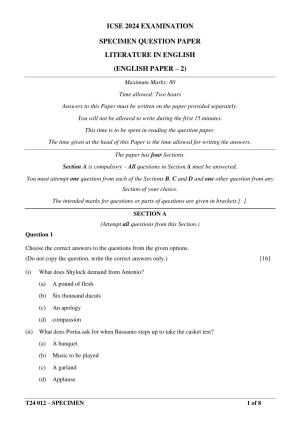 ICSE Class 10  2024 Literature in English (English Paper – 2) Sample Paper
