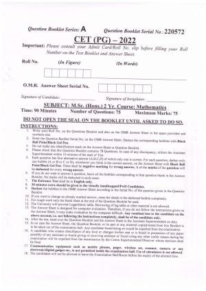 CETPG (Mathematics) 2022 Question Paper