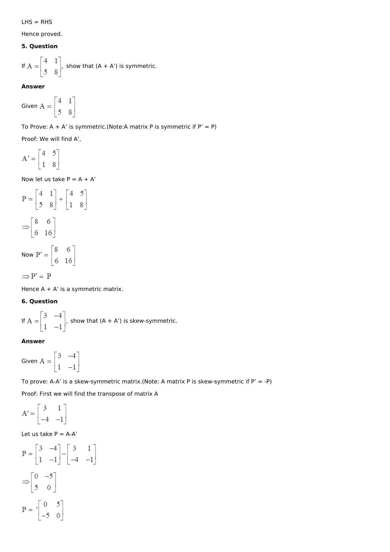 Chapter 5: Matrices Solutions: RS Aggarwal Class 12 Solutions  - Page 56