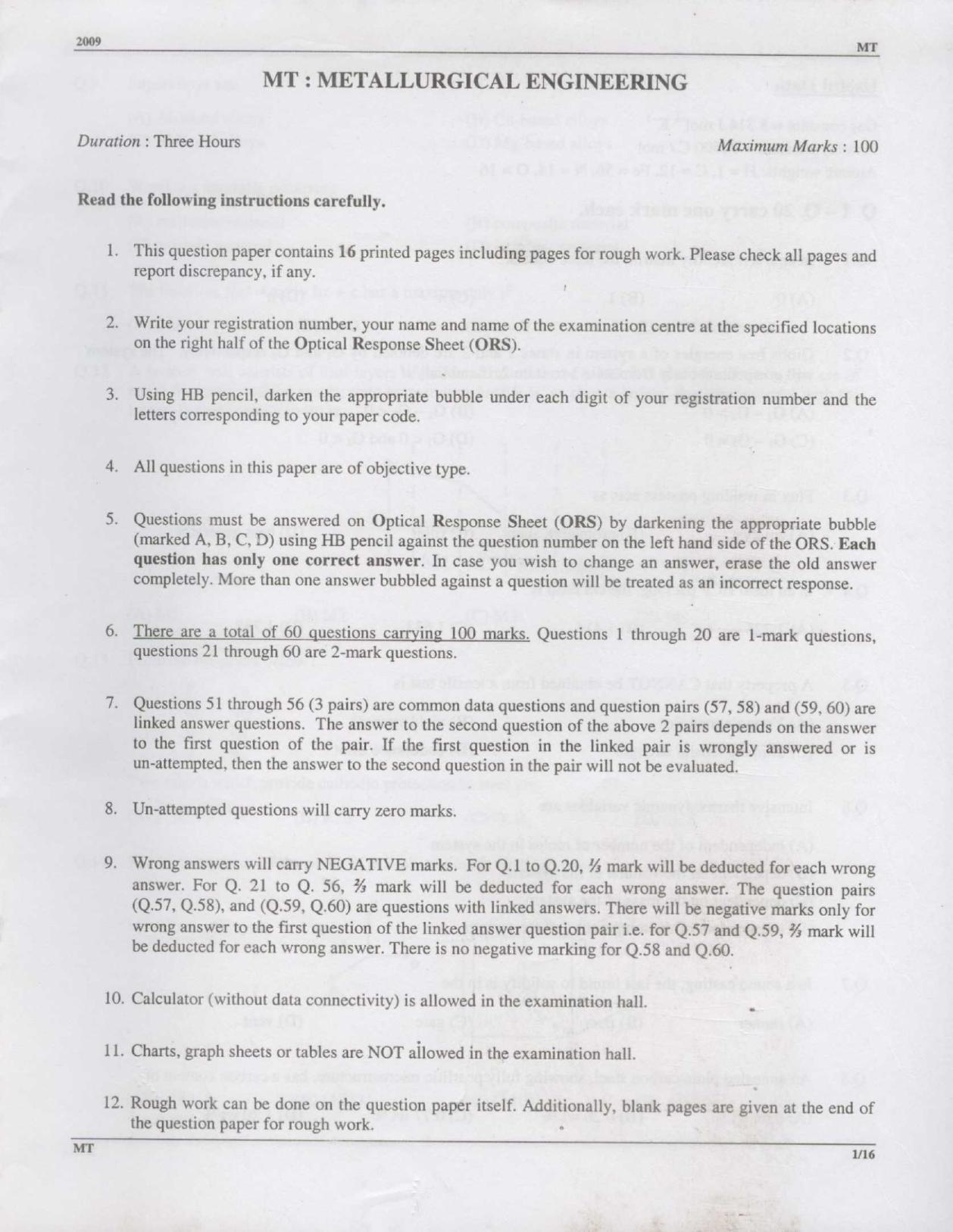 GATE 2009 Metallurgical Engineering (MT) Question Paper with Answer Key - Page 1