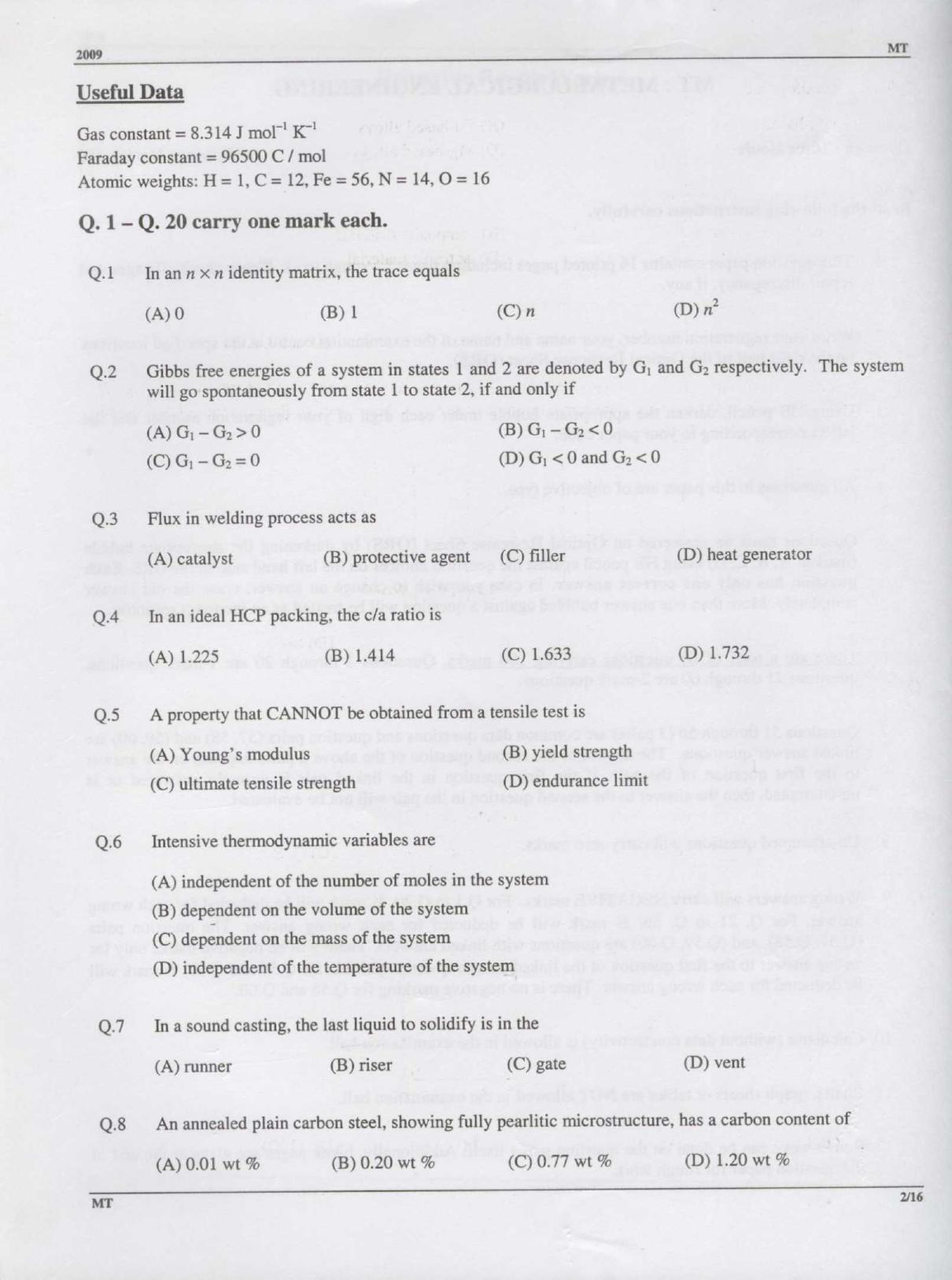 GATE 2009 Metallurgical Engineering (MT) Question Paper with Answer Key - Page 2