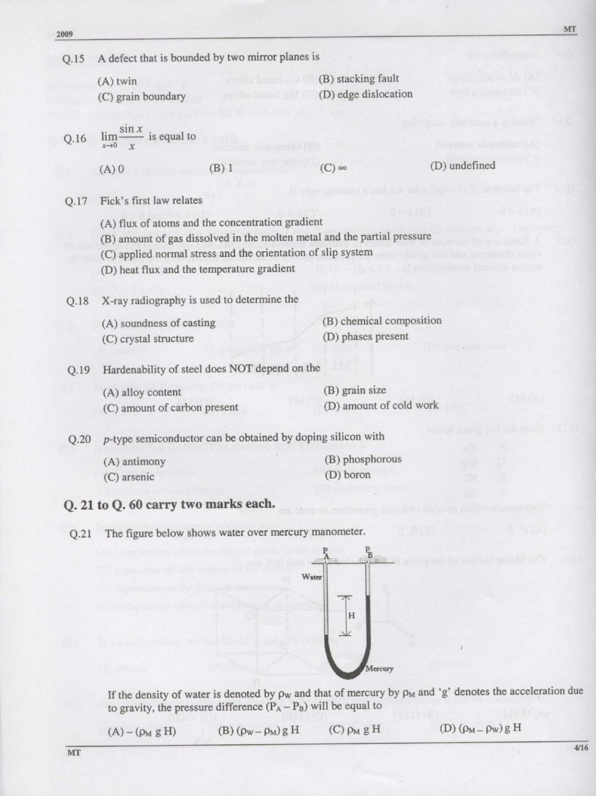 GATE 2009 Metallurgical Engineering (MT) Question Paper with Answer Key - Page 4