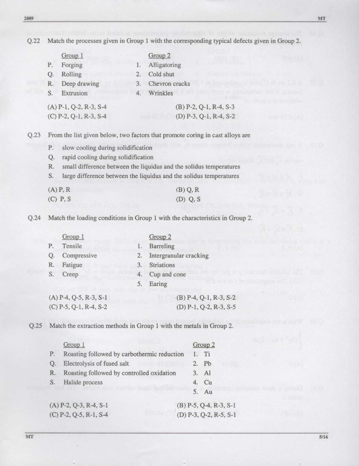 GATE 2009 Metallurgical Engineering (MT) Question Paper with Answer Key - Page 5