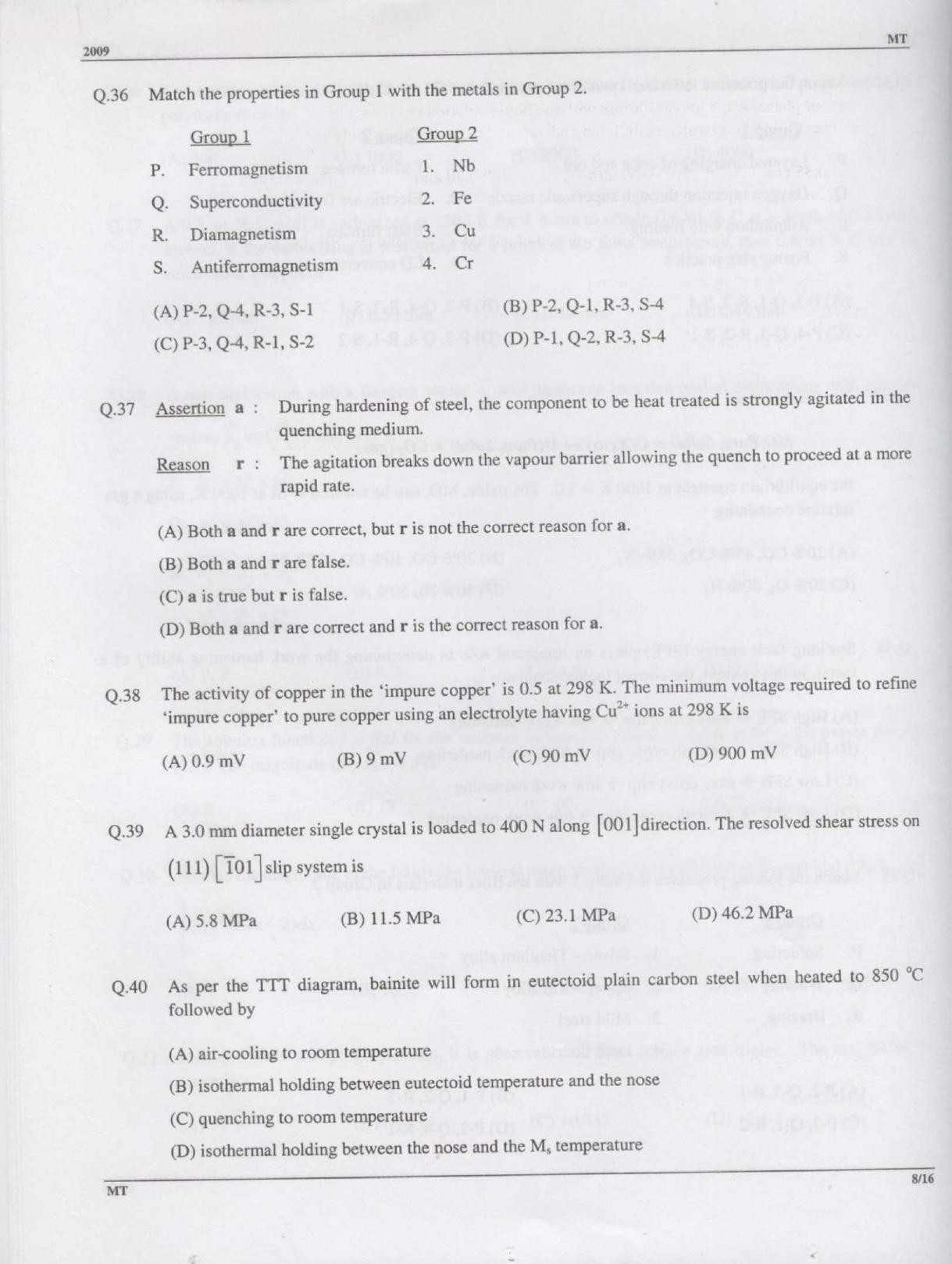 GATE 2009 Metallurgical Engineering (MT) Question Paper with Answer Key - Page 8