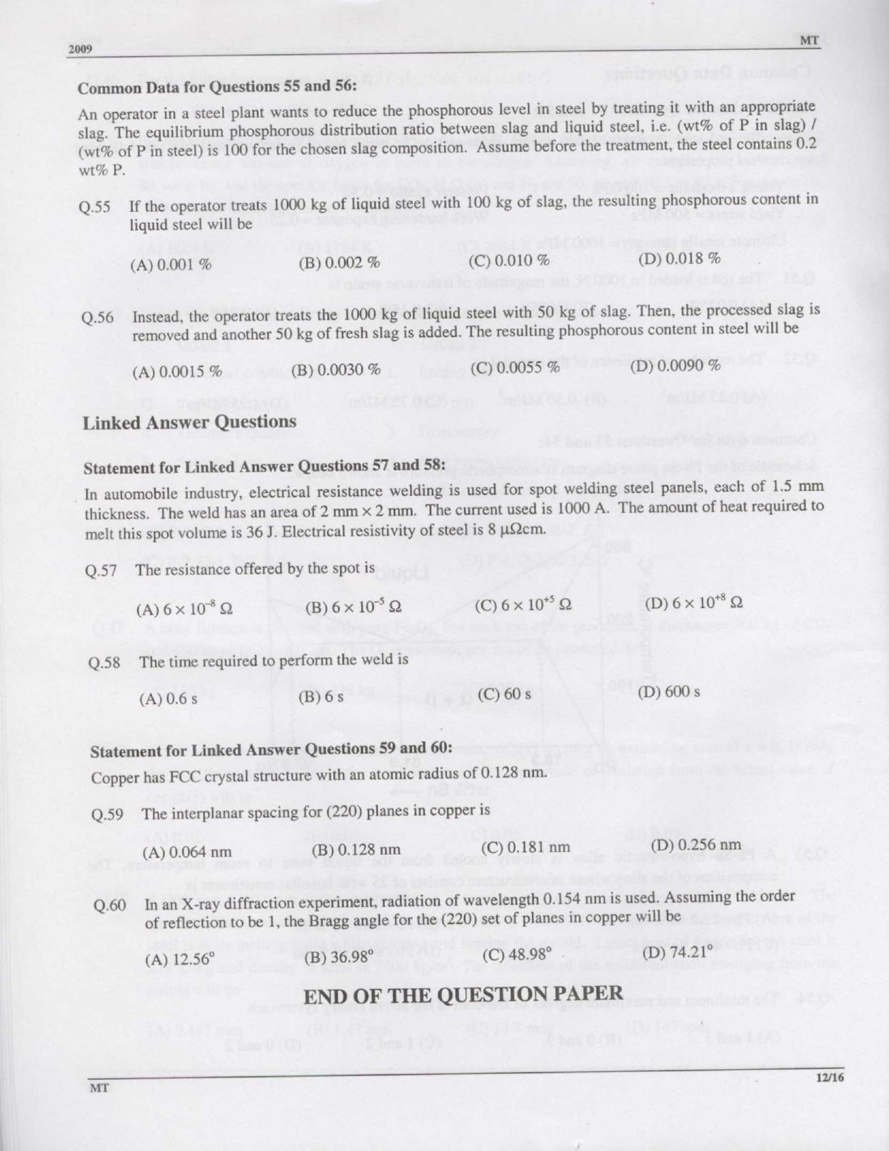 GATE 2009 Metallurgical Engineering (MT) Question Paper with Answer Key - Page 12