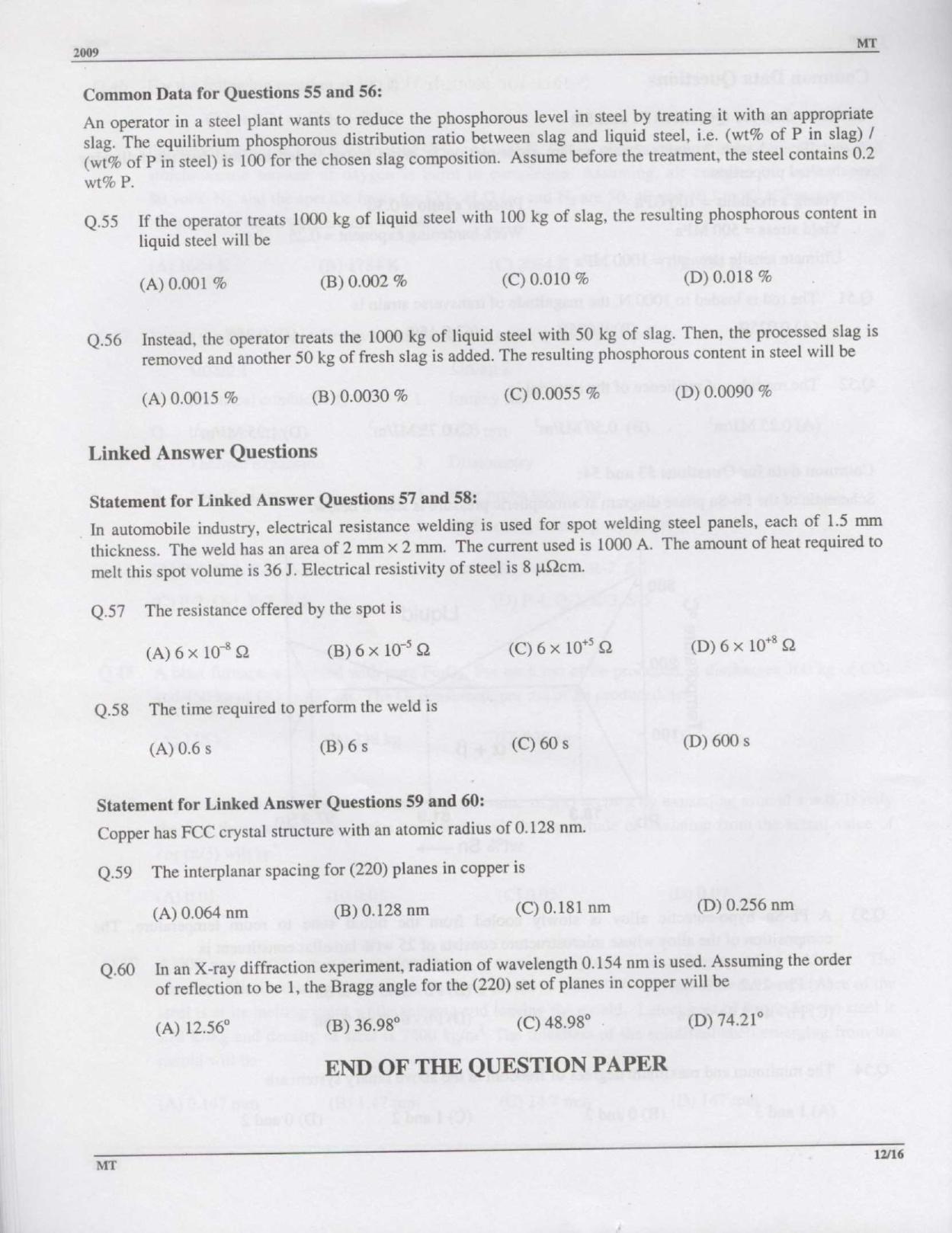 GATE 2009 Metallurgical Engineering (MT) Question Paper with Answer Key - Page 12