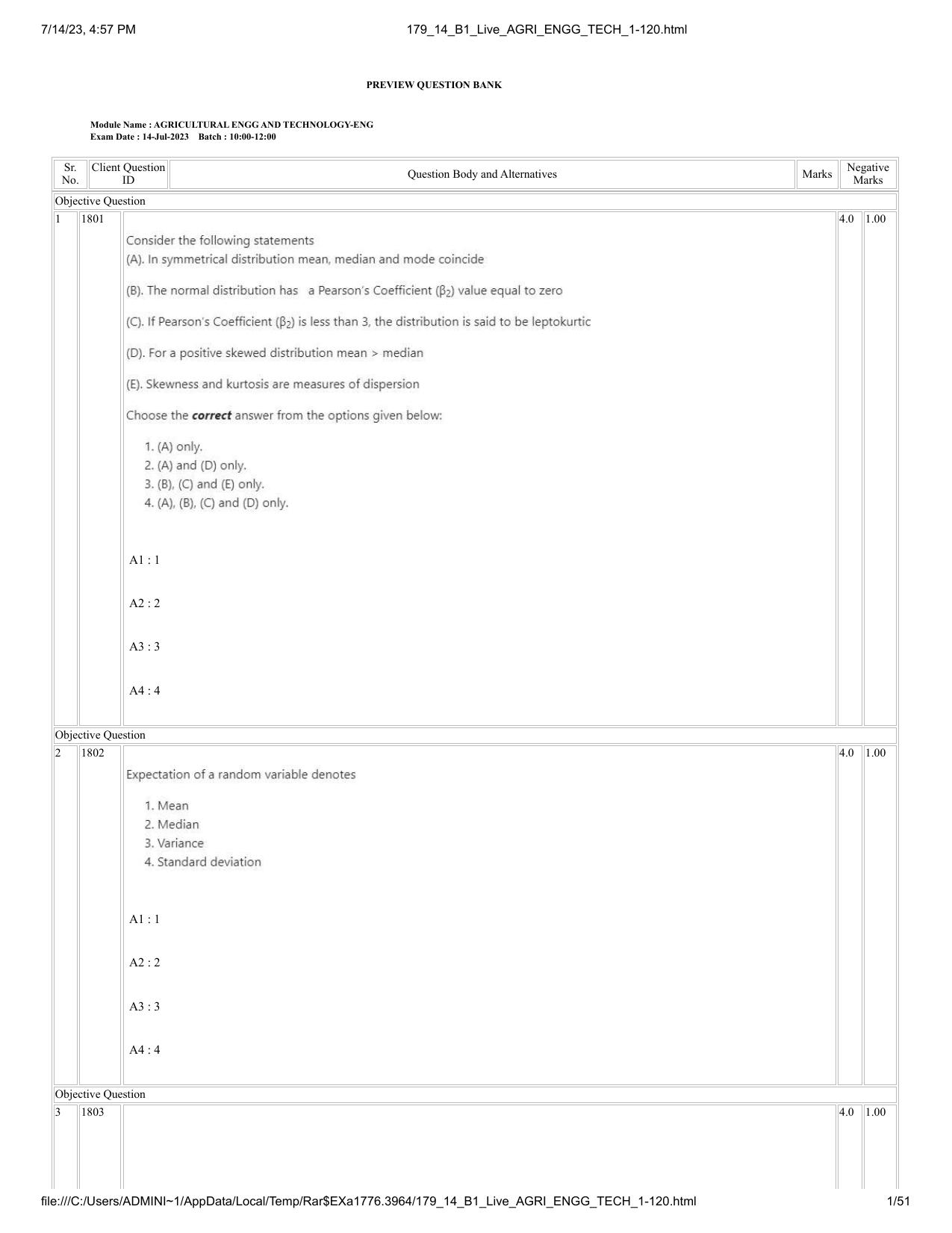 ICAR AIEEA PG 2023 AGRICULTURAL ENGINEERING AND TECHNOLOGY Question Paper-14-07-2023 - Page 1