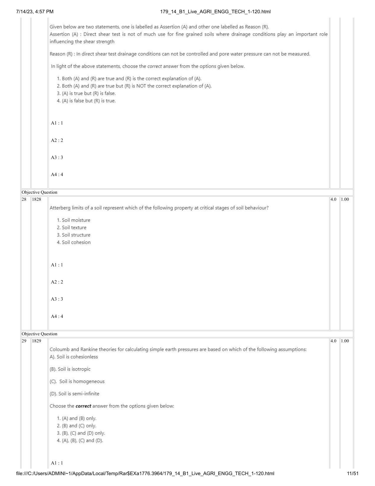 ICAR AIEEA PG 2023 AGRICULTURAL ENGINEERING AND TECHNOLOGY Question Paper-14-07-2023 - Page 11