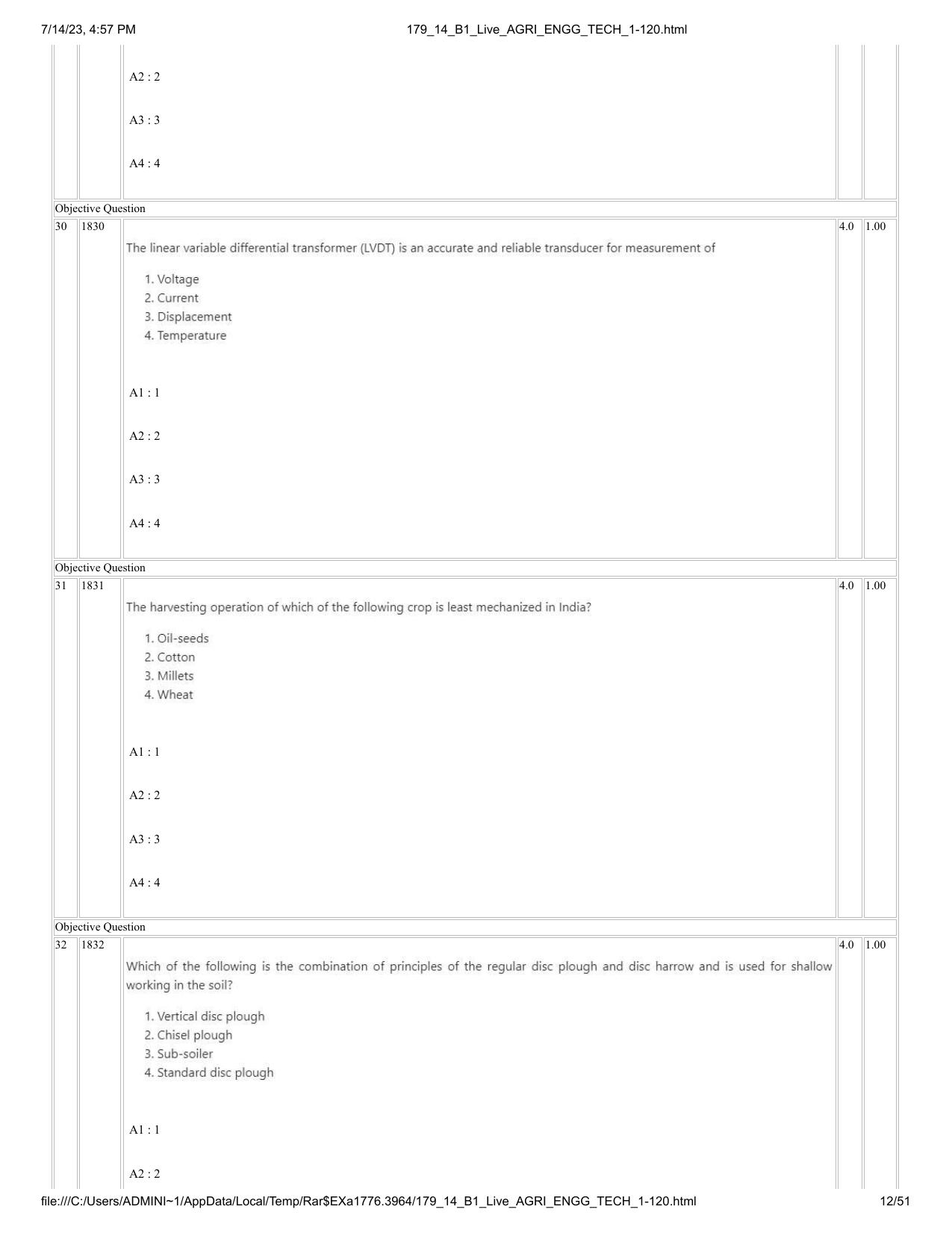 ICAR AIEEA PG 2023 AGRICULTURAL ENGINEERING AND TECHNOLOGY Question Paper-14-07-2023 - Page 12