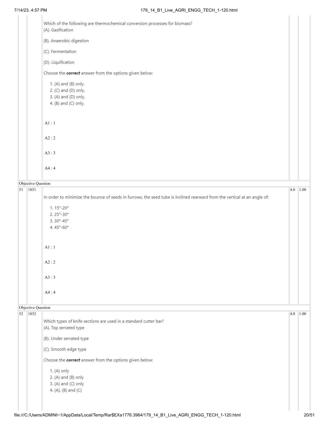 ICAR AIEEA PG 2023 AGRICULTURAL ENGINEERING AND TECHNOLOGY Question Paper-14-07-2023 - Page 20