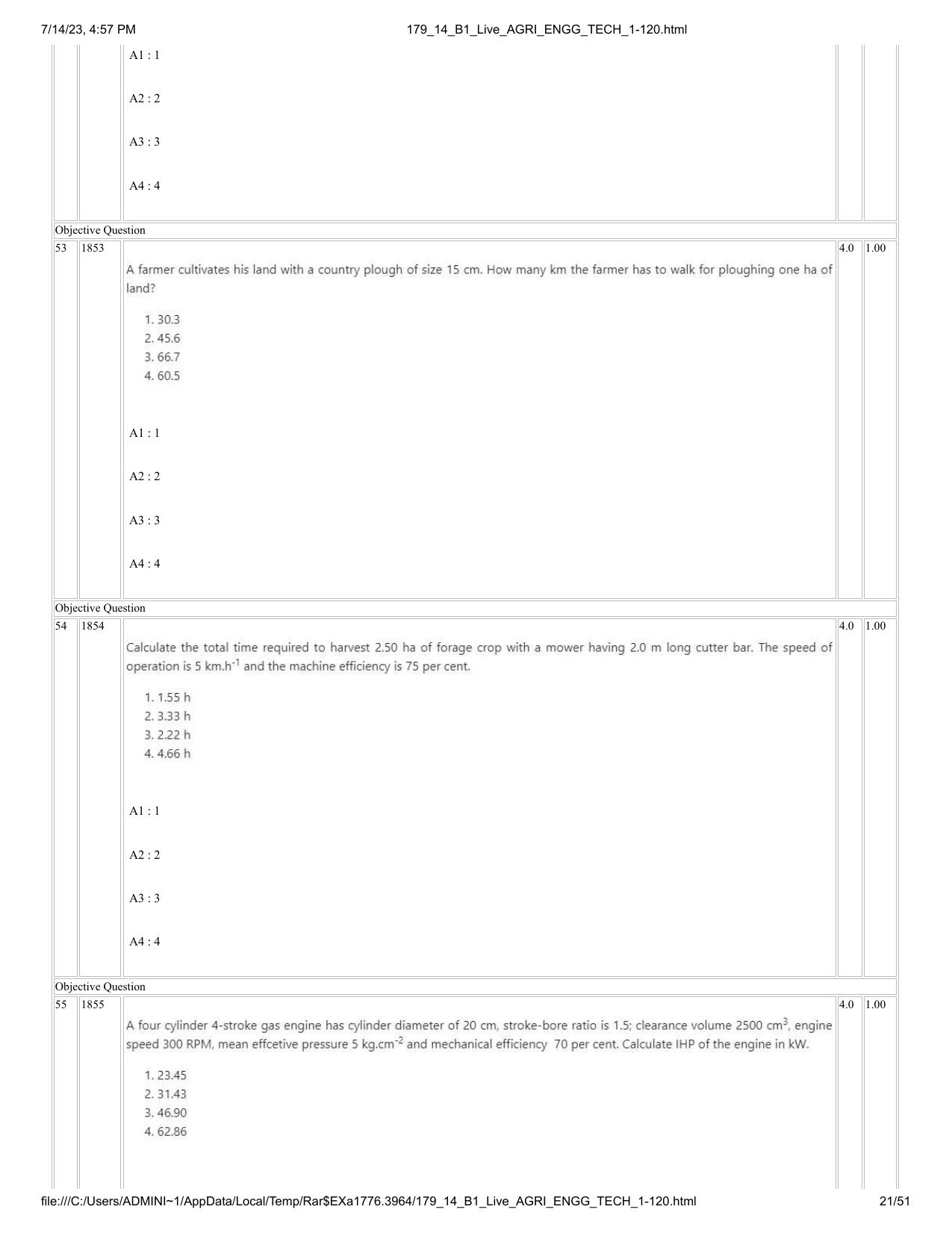 ICAR AIEEA PG 2023 AGRICULTURAL ENGINEERING AND TECHNOLOGY Question Paper-14-07-2023 - Page 21