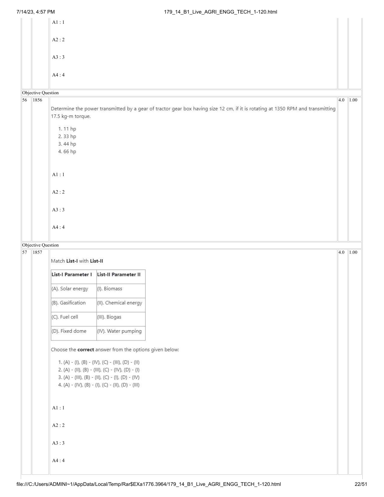 ICAR AIEEA PG 2023 AGRICULTURAL ENGINEERING AND TECHNOLOGY Question Paper-14-07-2023 - Page 22