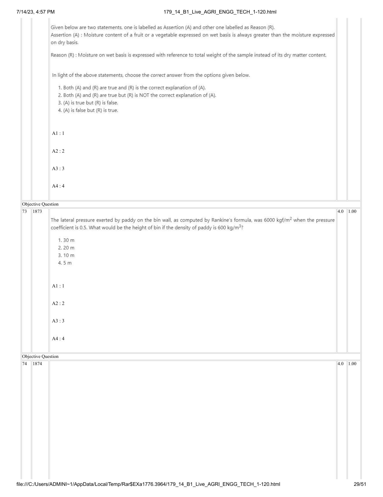 ICAR AIEEA PG 2023 AGRICULTURAL ENGINEERING AND TECHNOLOGY Question Paper-14-07-2023 - Page 29