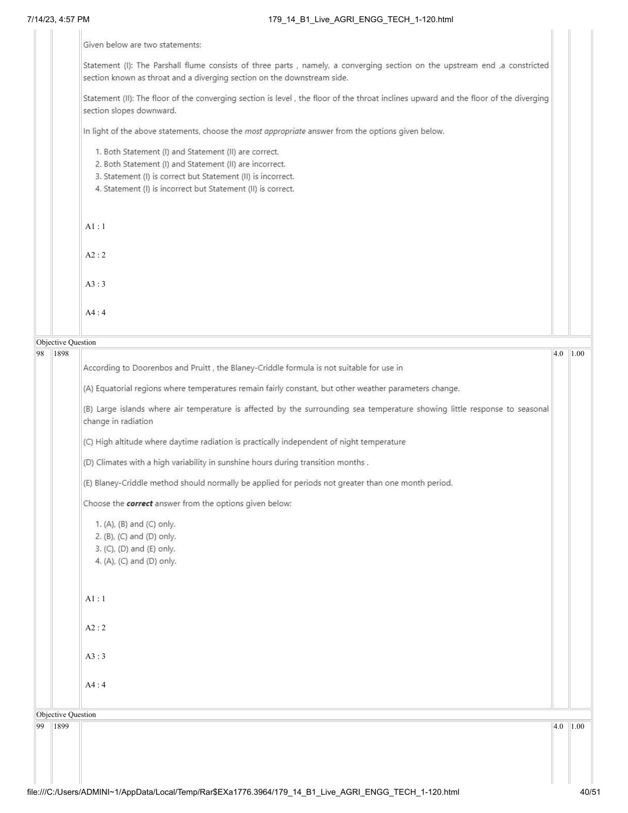 ICAR AIEEA PG 2023 AGRICULTURAL ENGINEERING AND TECHNOLOGY Question Paper-14-07-2023 - Page 40
