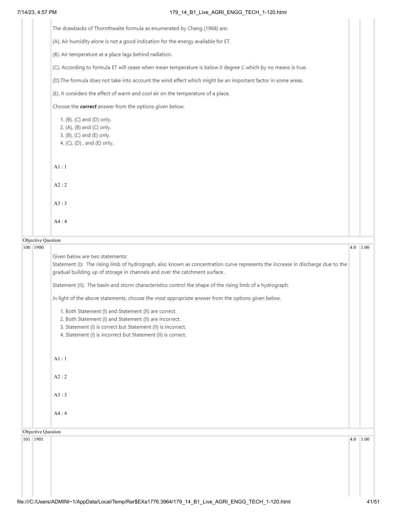 ICAR AIEEA PG 2023 AGRICULTURAL ENGINEERING AND TECHNOLOGY Question Paper-14-07-2023 - Page 41
