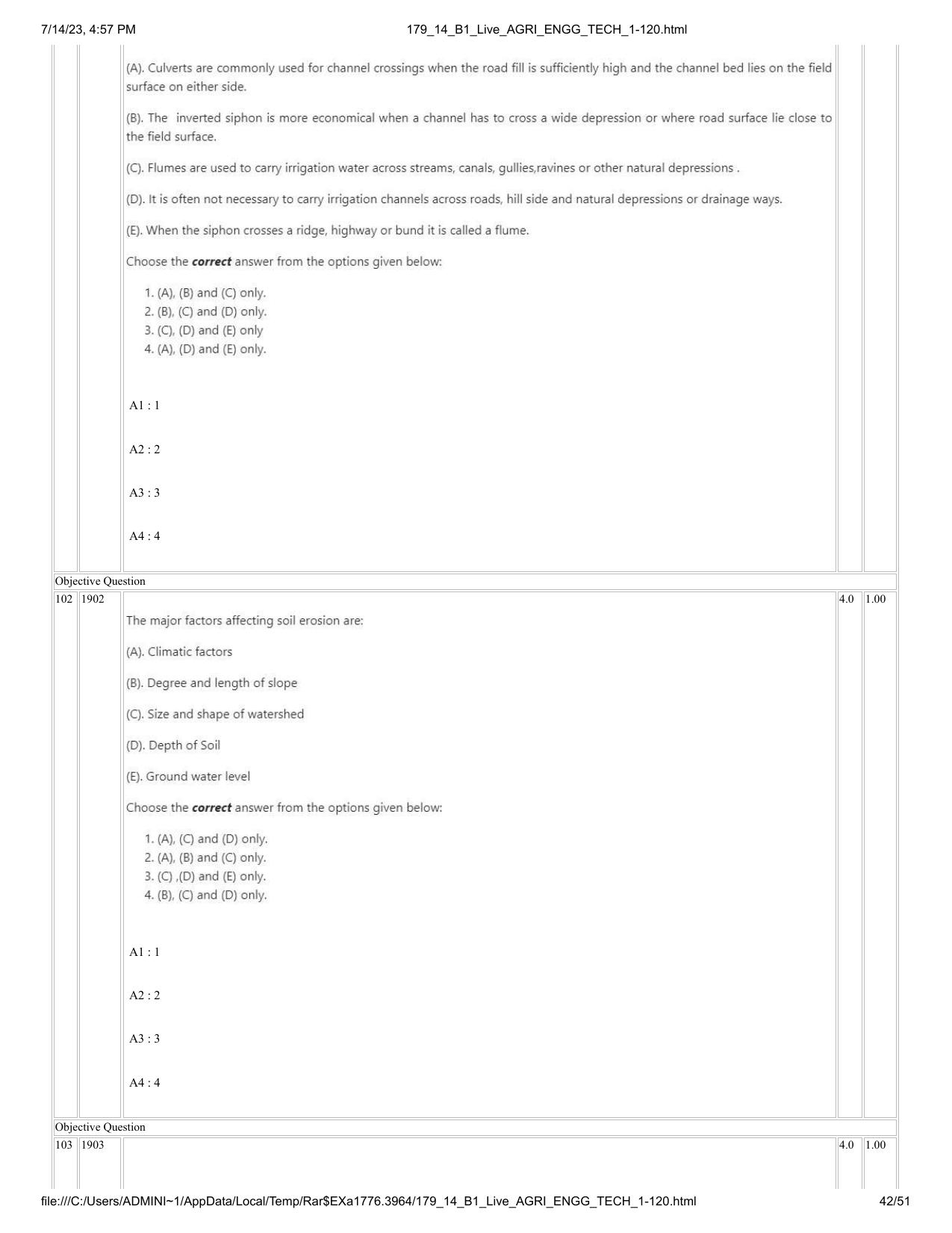 ICAR AIEEA PG 2023 AGRICULTURAL ENGINEERING AND TECHNOLOGY Question Paper-14-07-2023 - Page 42