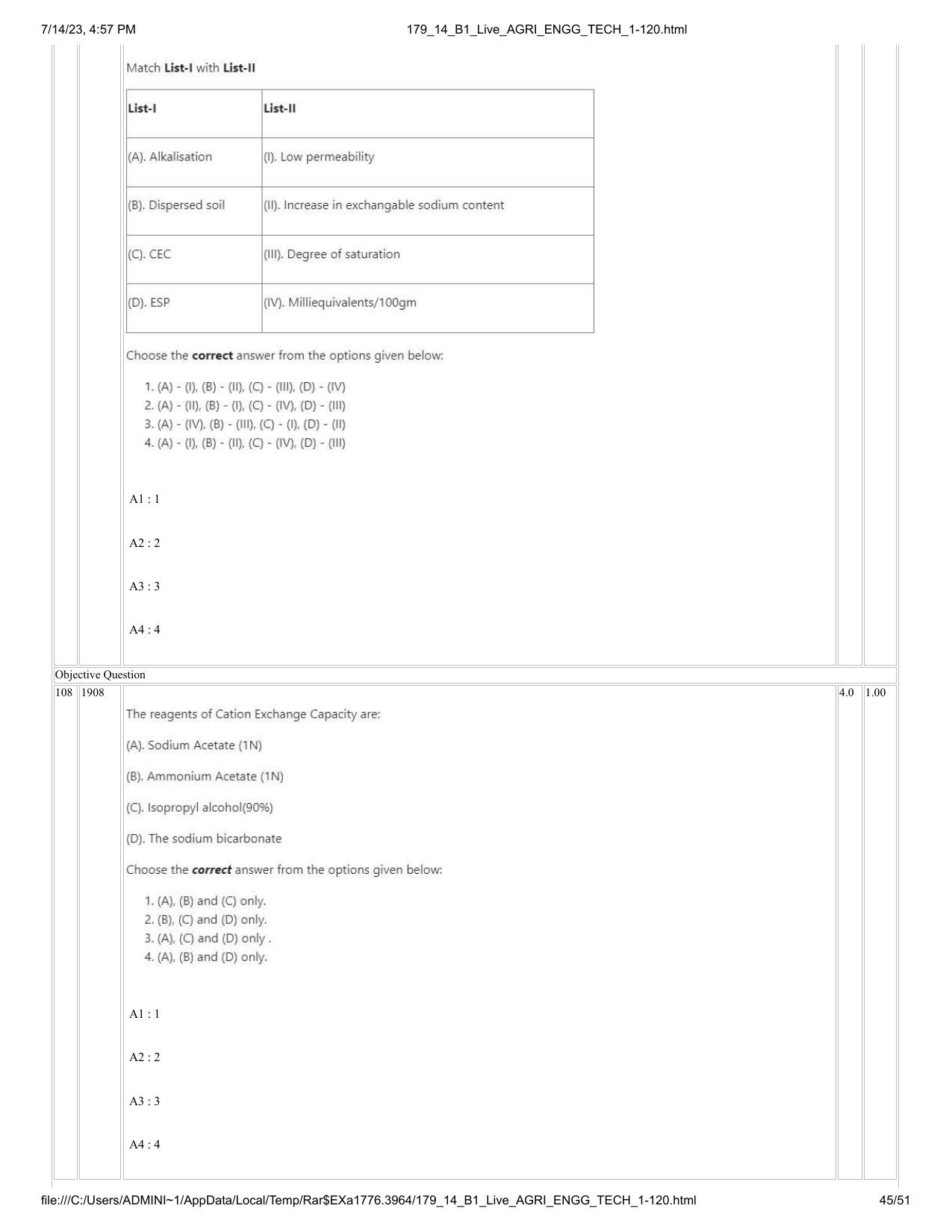 ICAR AIEEA PG 2023 AGRICULTURAL ENGINEERING AND TECHNOLOGY Question Paper-14-07-2023 - Page 45