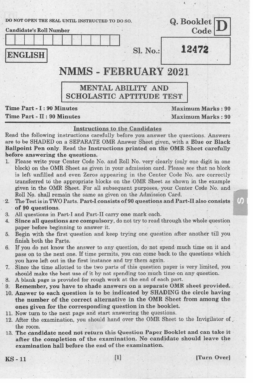 NMMS Feb 2021 - Booklet Code-D (English Medium) - Page 1