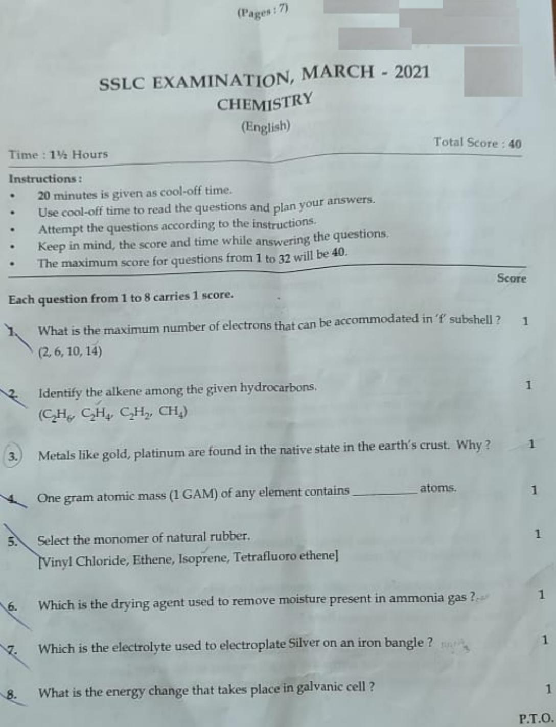 Kerala SSLC 2021 Chemistry Question Paper (EM) - Page 1